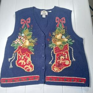 Vtg XL Women's Embellished Stocking Navy Blue  Christmas Holiday Sweater Vest